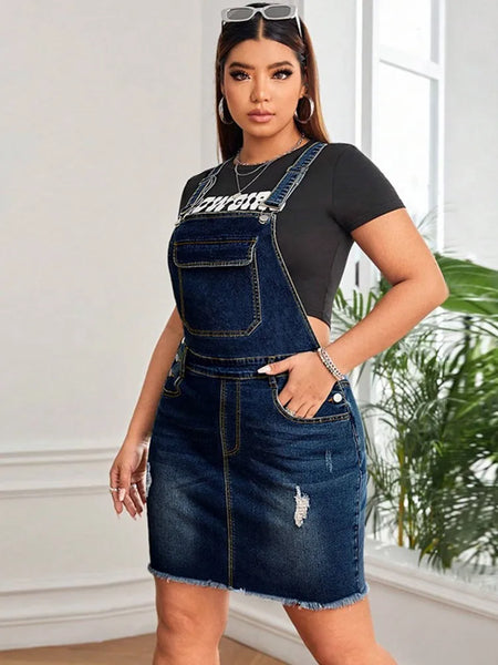 Trendy Plus Size Blue Denim Overall Dress