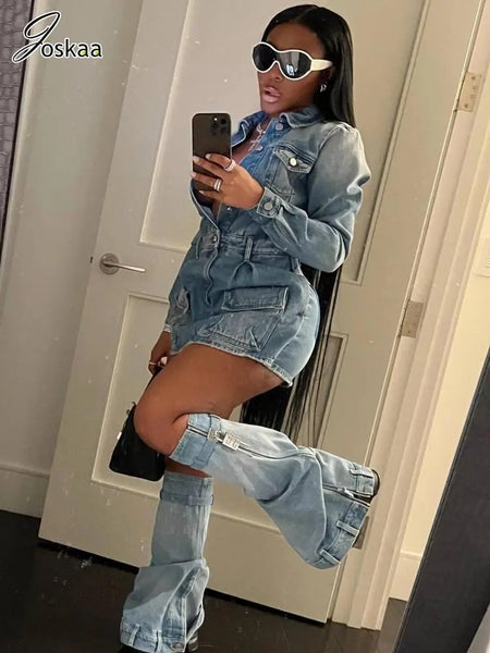 Trendy Denim Mini Dress With Matching Leg Warmers - TrendsetterbyTracy Boutique