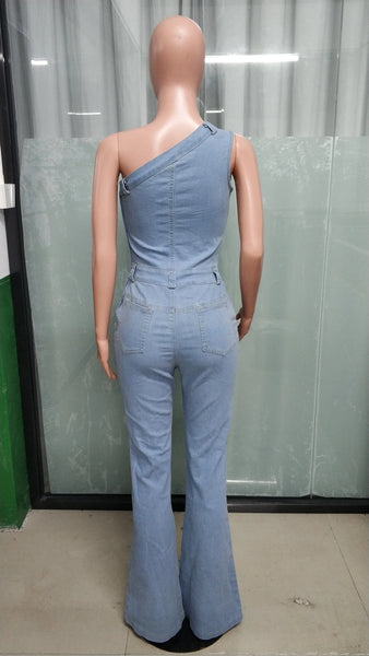 Trendy Denim One Shoulder Hollow Out Romper