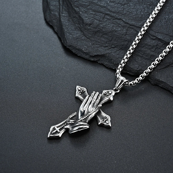 Trendy Stainless Steel Praying Hands On Cross Necklace