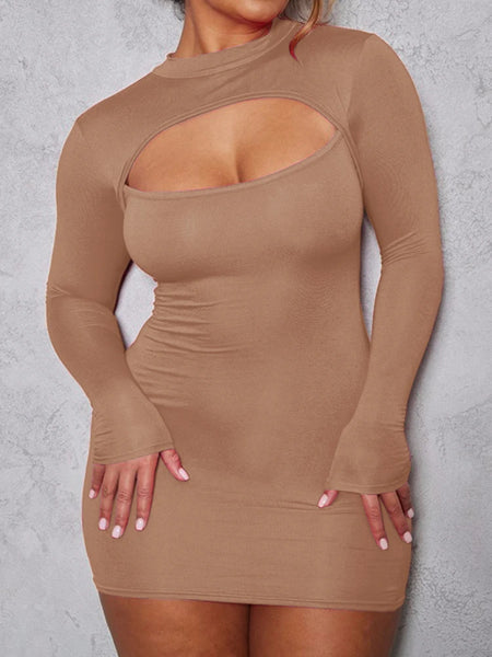 Trendy Hollow Out Long Sleeved Solid Party Dress