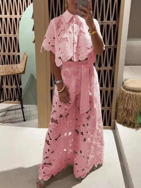 Trendy Floral Lace Short Sleeve Blouse And Pants Set