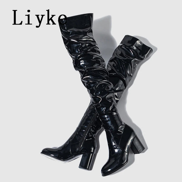 Trendy Thigh High Patent Leather Knee High Boots