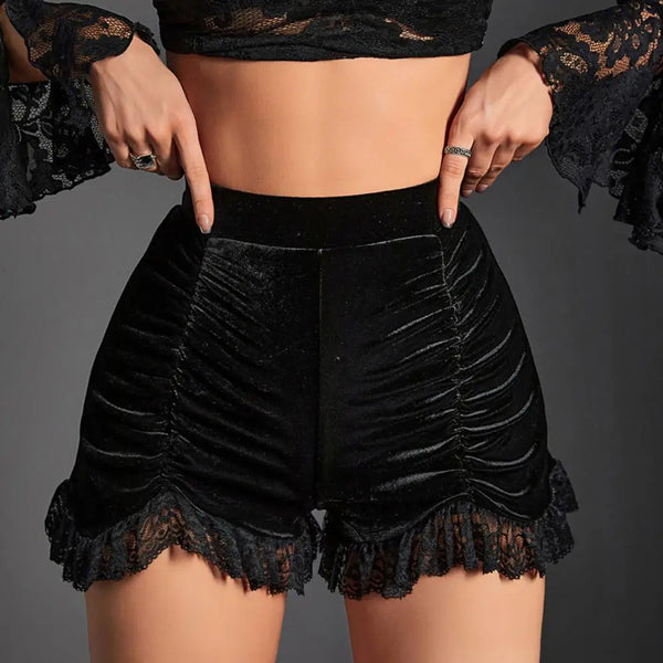 Trendy Suede Lace Hem Black Shorts
