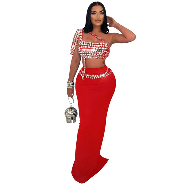 Trendy Bedazzled Gems Crop Top And Long Skirt Set