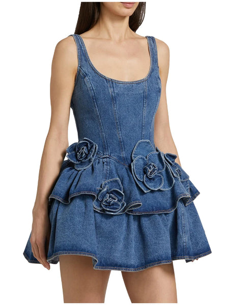 Trendy Floral Denim Mini Party Halter Dress