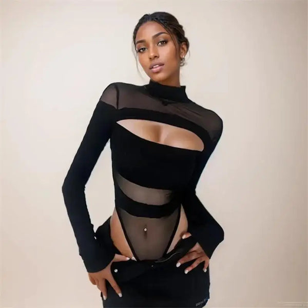 Trendy Hollow Out Mesh Crop Top Bodysuit