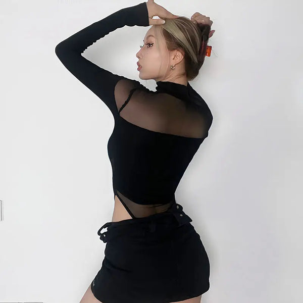 Trendy Hollow Out Mesh Crop Top Bodysuit