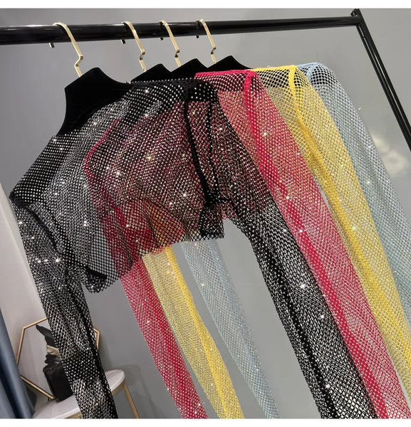 Trendy Mesh Crystal Short Long Sleeve Crop Top - TrendsetterbyTracy Boutique