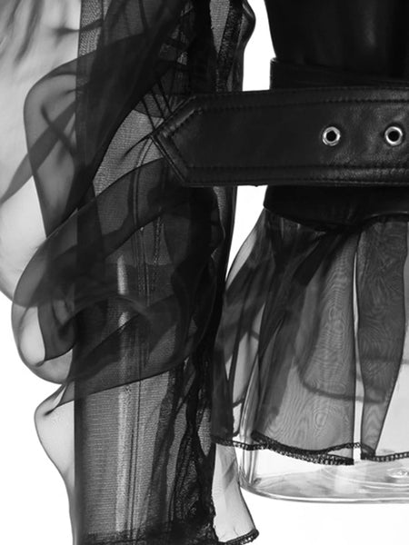 Trendy Black Leather Mesh Jacket With Belt - TrendsetterbyTracy Boutique