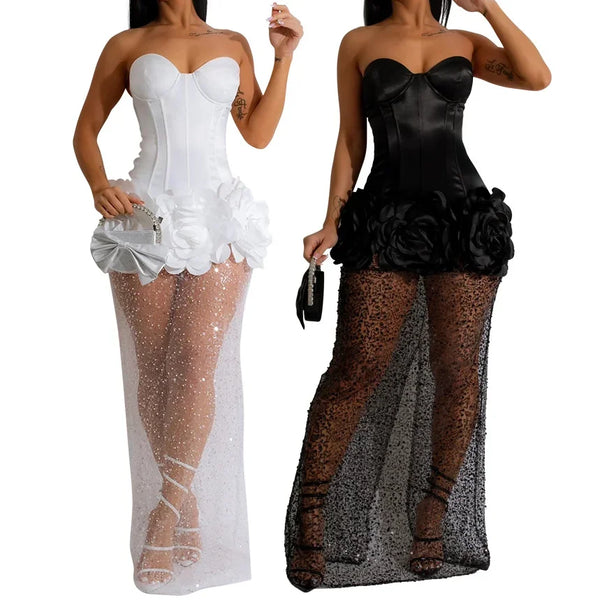 Nuwerwetse Lang Gaas-Bustier-Korset Formele Maksidrag
