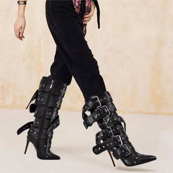 Trendy Pointed Toe Mid-Calf Buckle Strap Heel Boots - TrendsetterbyTracy Boutique