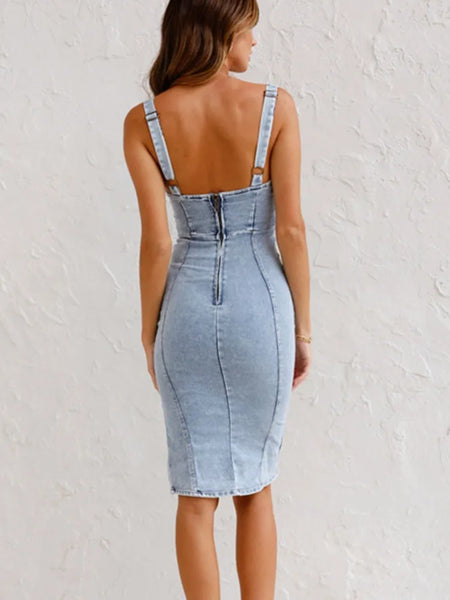 Trendy Halter Denim Fitted Dress With Slit