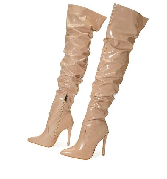 Trendy Over Knee Pleated Patent Leather High  Heel Boots - TrendsetterbyTracy Boutique