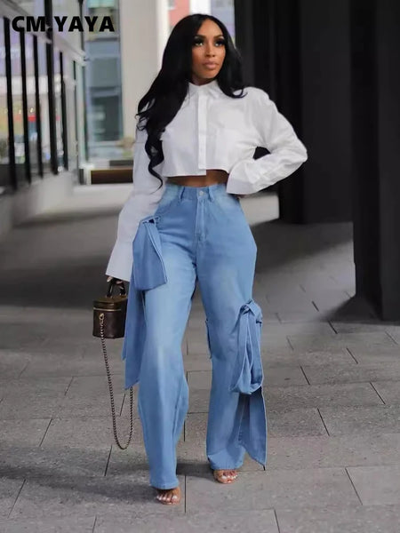 Trendy High Waist Denim Ribbon Bow Jeans