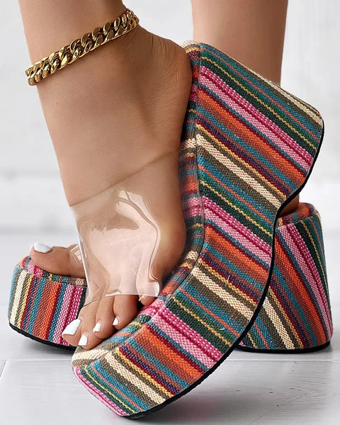 Trendy Multi Color Striped Print Platform Wedge Sandals