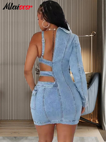 Trendy Blue Stretch Denim One Shoulder Mini Dress