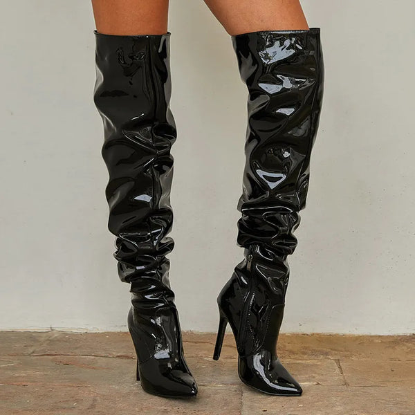 Trendy Over Knee Pleated Patent Leather High  Heel Boots - TrendsetterbyTracy Boutique