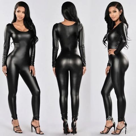 Trendy  Black Leather Cat Suit Inspired Longe Sleeve Jumpsuit