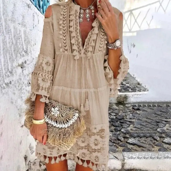 Trendy Crochet Lace Off The Shoulder Boho Dress