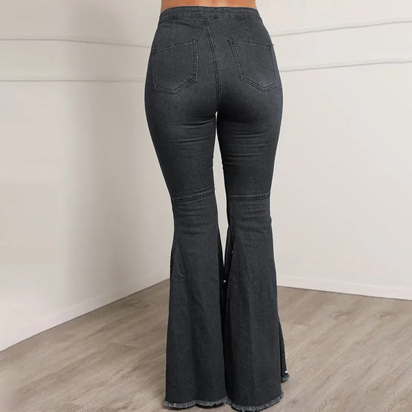Trendy Rhinestone Flare Stoned Washed Denim Jeans