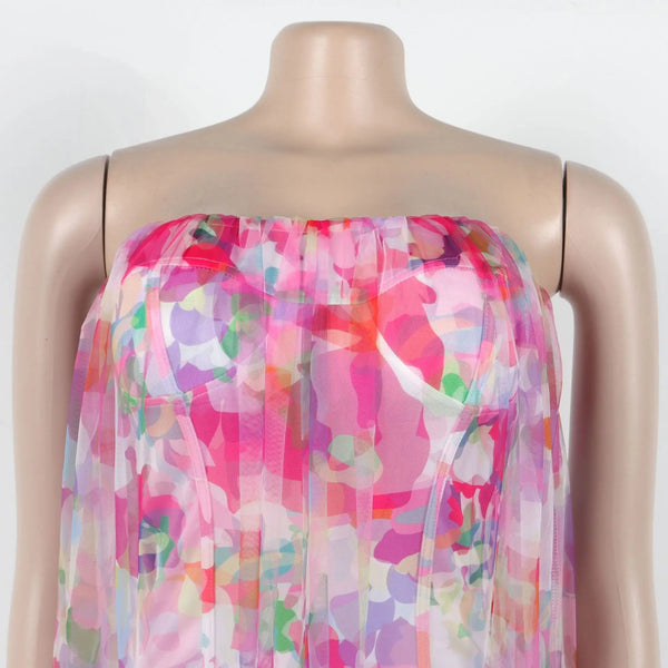 Trendy Tie Dye Print Strapless Mesh Maxi Dress