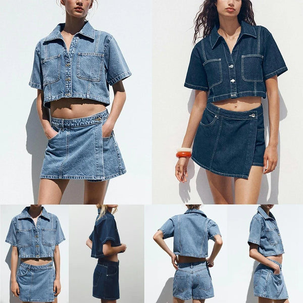 Trendy Denim Scooter Skirt  With Retro Crop Top