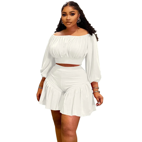 Trendy Plus Size Ruffle Low Cut Crop Top And Bottom Set