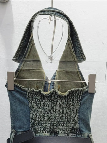 Trendy Halter Denim Shorts Set with Belt
