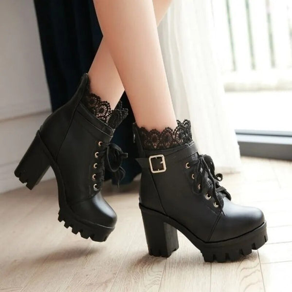 Trendy High Lace Decor Platform Heel Boots - TrendsetterbyTracy Boutique