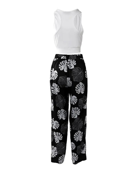 Trendy Hollow White Crop Top With Black/White Floral Split Pants
