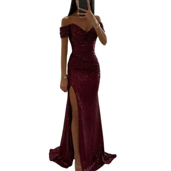 Trendy Formal Elegant V Neck Shoulder Sequin Dress