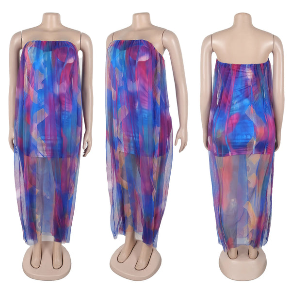 Trendy Tie Dye Print Strapless Mesh Maxi Dress
