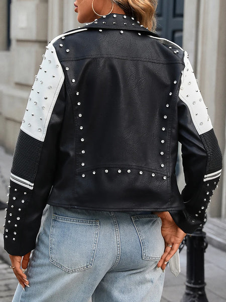 Trendy Autumn Black & White Faux Leather Jacket