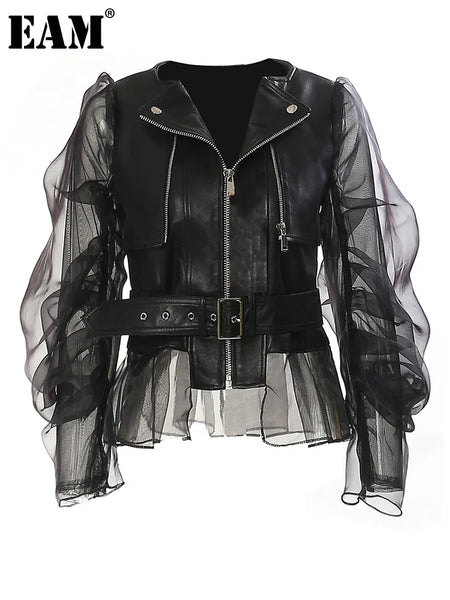 Trendy Black Leather Mesh Jacket With Belt - TrendsetterbyTracy Boutique