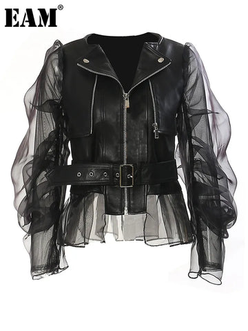 Trendy Black Leather Mesh Jacket With Belt - TrendsetterbyTracy Boutique