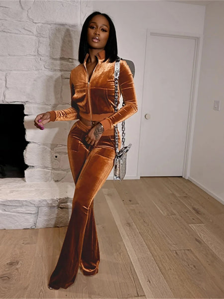 Trendy Solid Color Casual Two Piece Velvet Tracksuit
