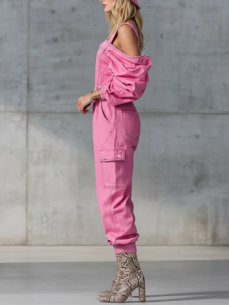 Trendy Pink  Denim Cargo Pants Romper Jumpsuit