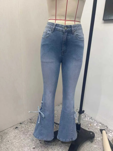 Trendy Tied Bow Flare Denim Pants