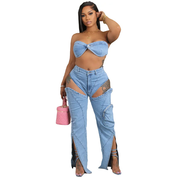 Trendy Denim Hallow Out Crop Top And Bottom Set