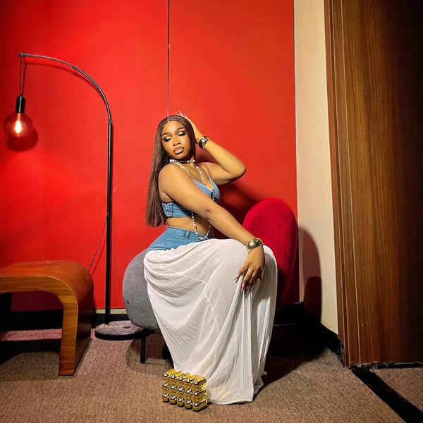 Trendy Mesh Pleated Denim Wide Pants and Top Set