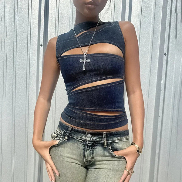 Trendy Hollow Out Denim Sliced Shirt