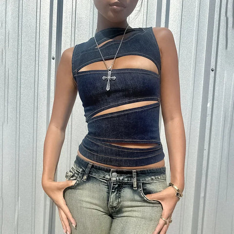 Trendy Hollow Out Denim Sliced Shirt