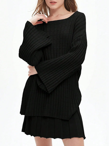 Trendy Pleated Long Sleeve Sweater Mini Skirt Set