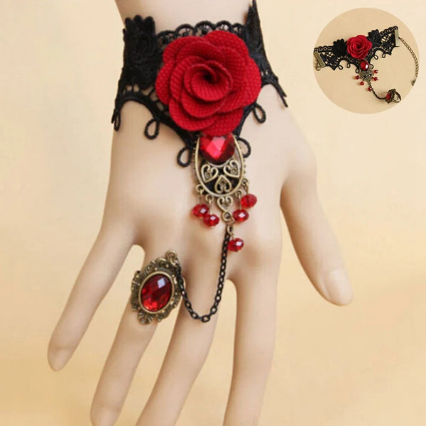 Trendy Red Rose Ring Bangle Bracelet