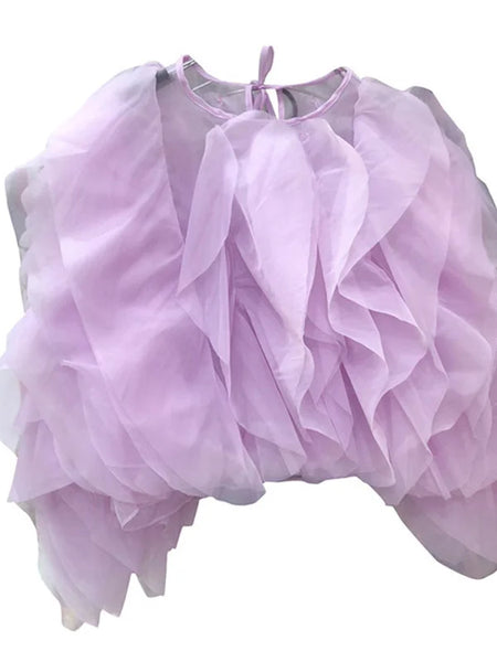 Trendy Lantern Mesh Ruffle Blouse