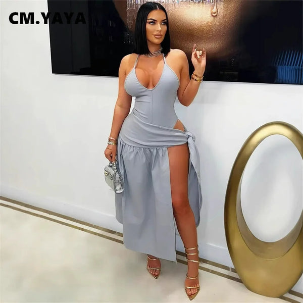Trendy High Split Halter Bandage Tied Maxi Dress