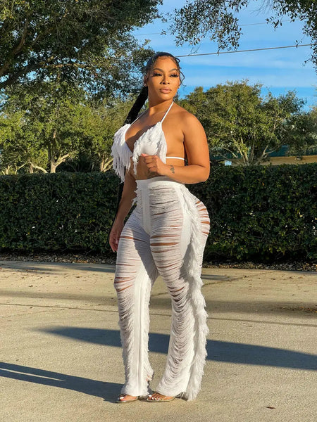 Trendy Crochet Tassel Two Piece Halter Crop And Pants Set