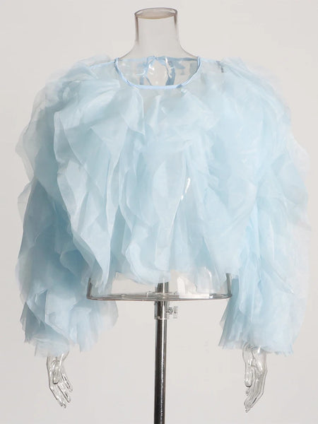 Trendy Lantern Mesh Ruffle Blouse