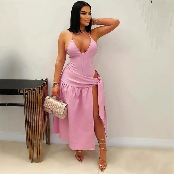 Trendy High Split Halter Bandage Tied Maxi Dress